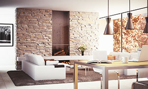 Wohnzimmer mit Steinwand