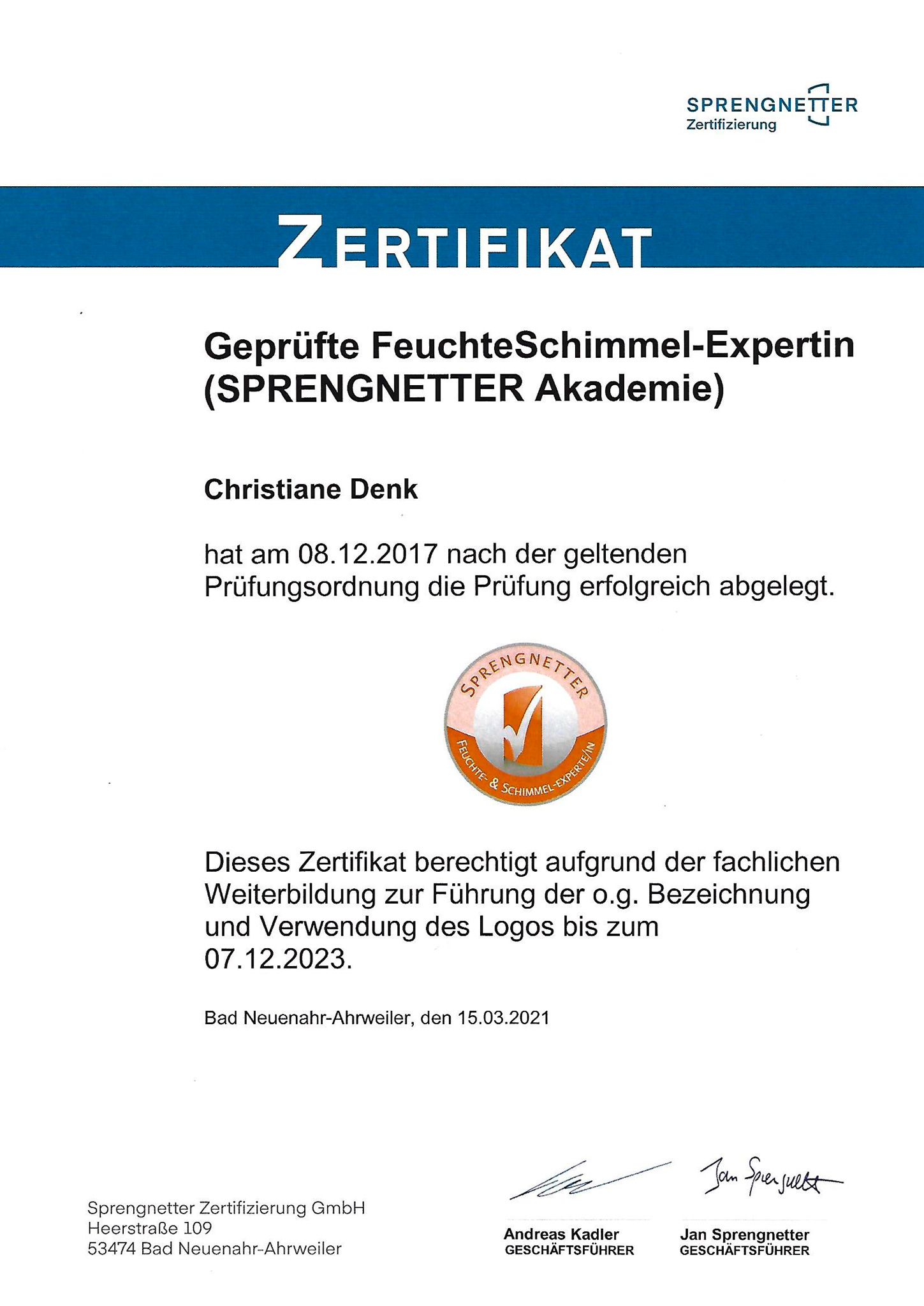 Zertifikat Feuchte- und Schimmel-Expertin Christiane Denk