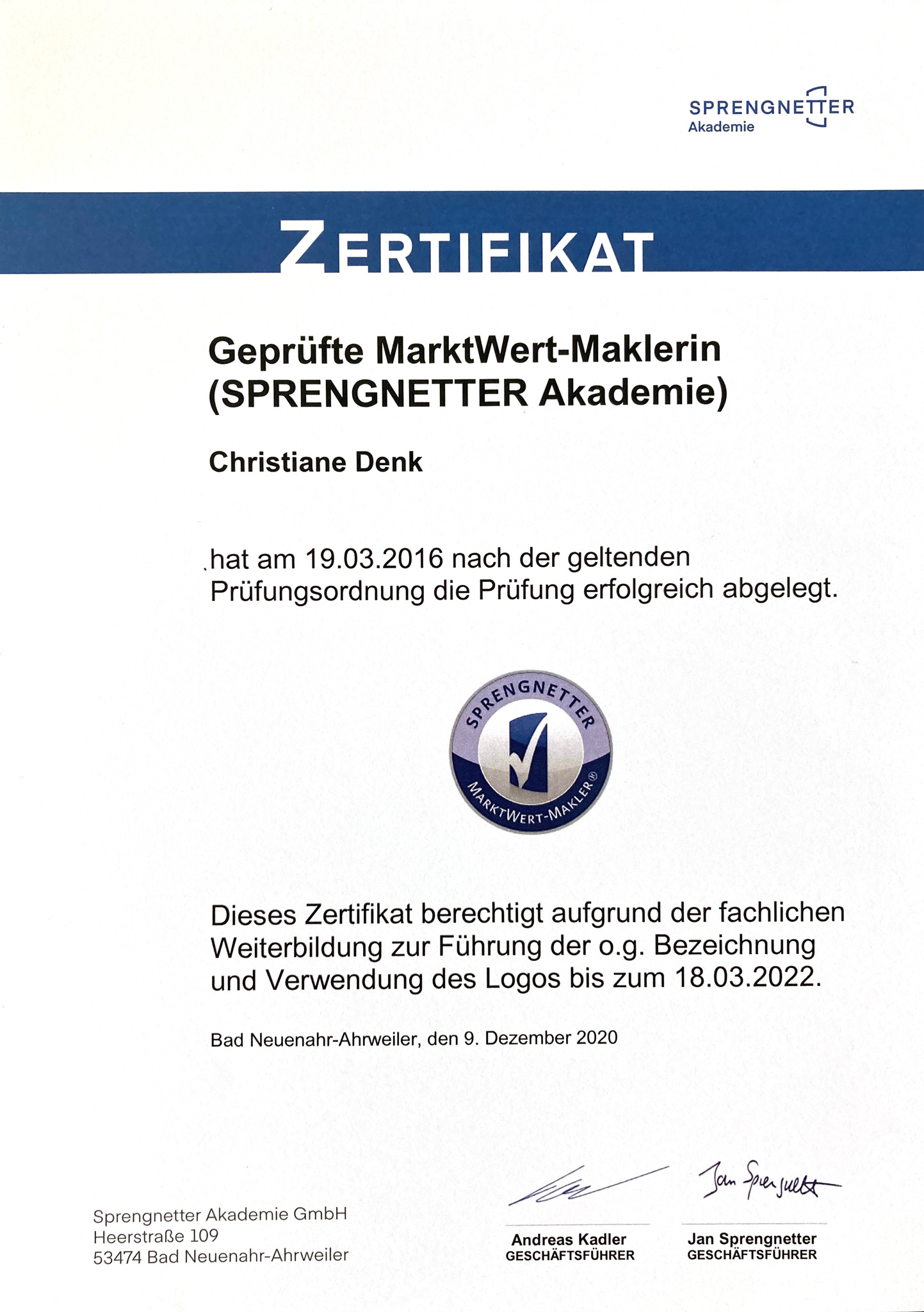 Zertifikat MarktWert-Maklerin Christiane Denk