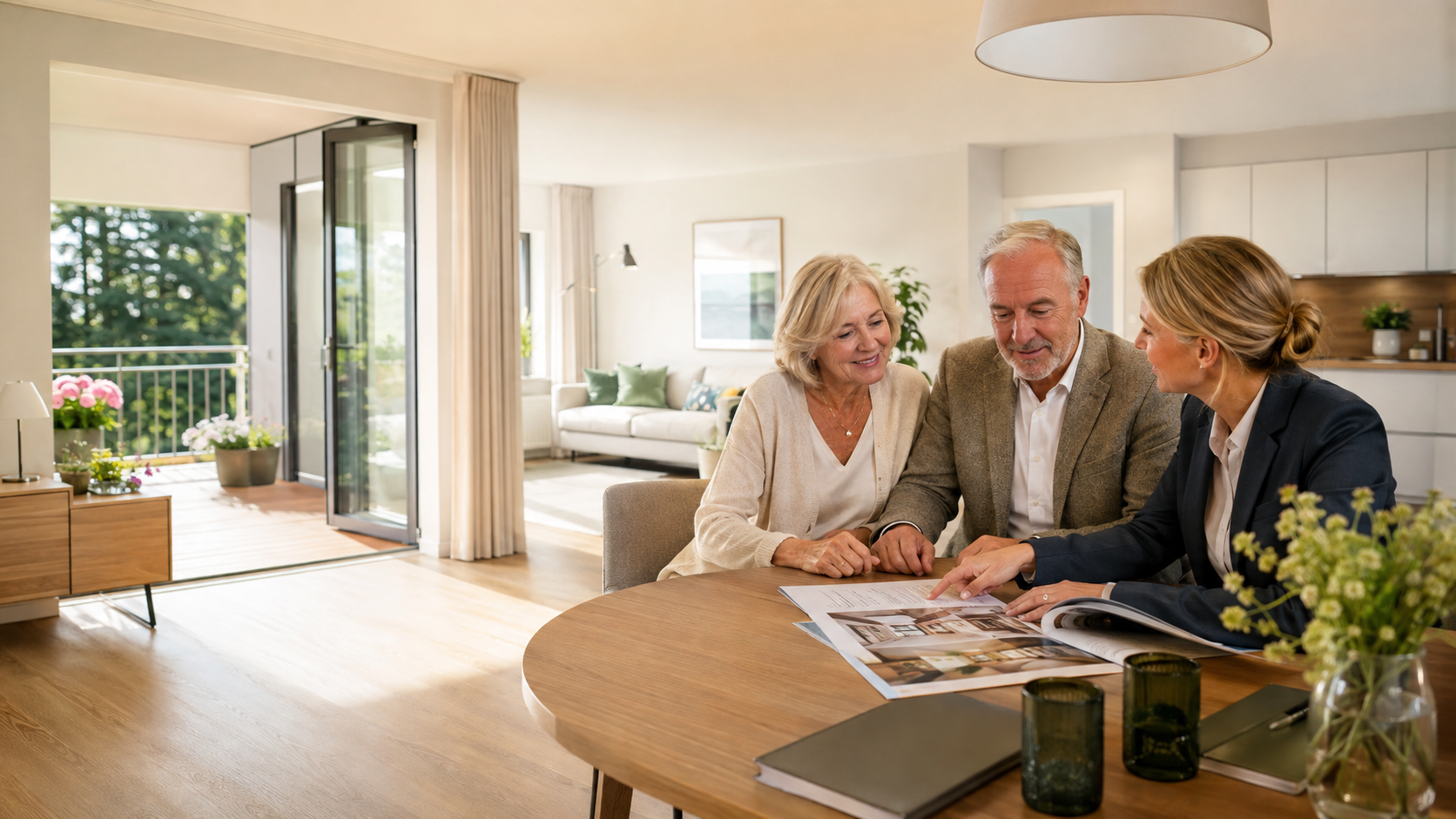 Älteres Paar besichtigt mit einer Immobilienberaterin eine hochwertige Wohnung