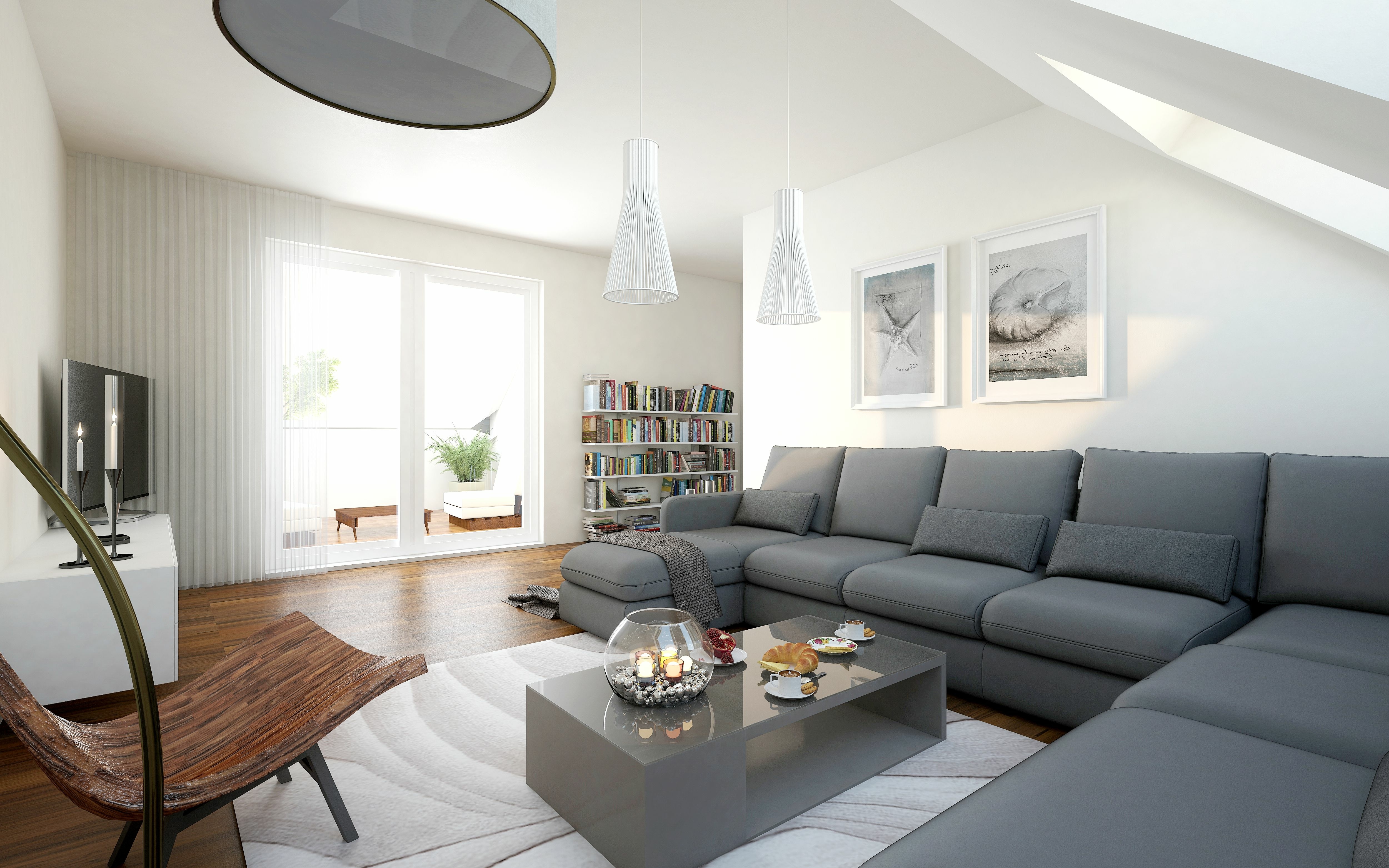Wohnzimmer mit grauer Couch
