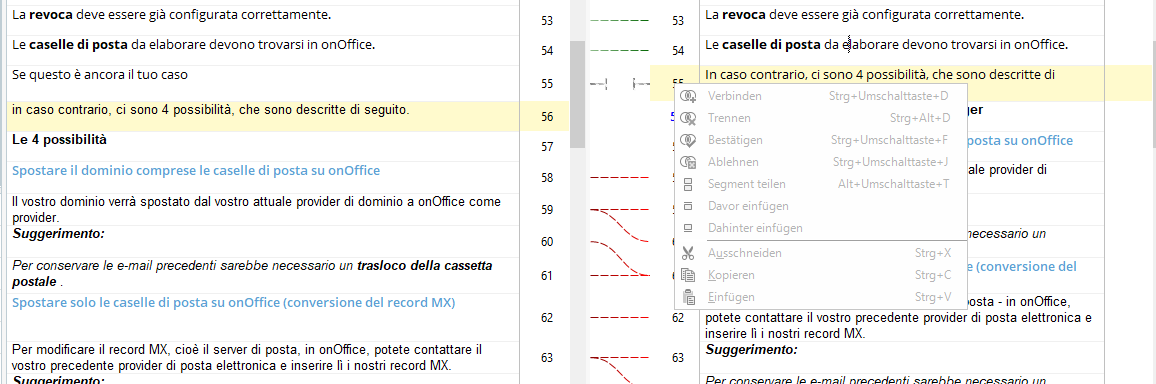Screenshot of Trados Studio showing segments 54 to 63 with segment 55 missing on the right side. Right-click menu open with no 'connect' option for segment 55.