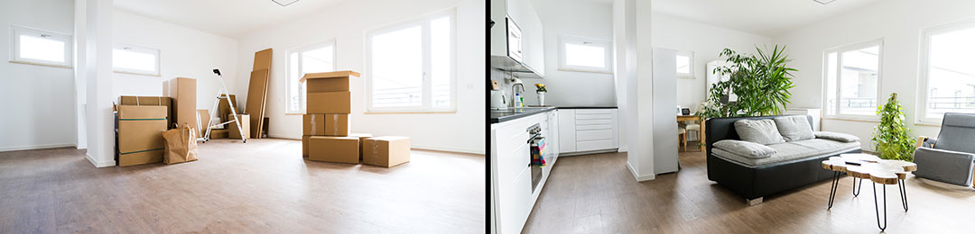 Ansicht eines Wohnzimmers vor und nach dem Home Staging